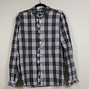 LOFT Long Sleeve Button Down Ruffled Blouse Black and White Plaid
